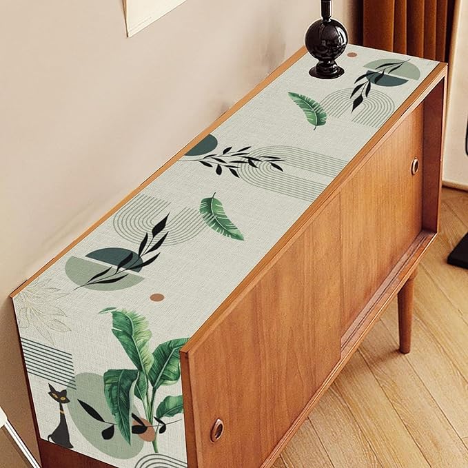 Boho Sage Green Table Runner, Mid Century Modern Black Cat Tropical Plants Palm - Image 3