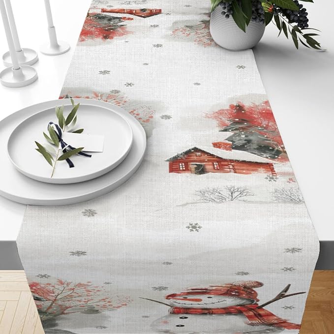 Snow Table Runner, Merry Christmas Linen Table Runner, Snowman Dining Table - Image 6