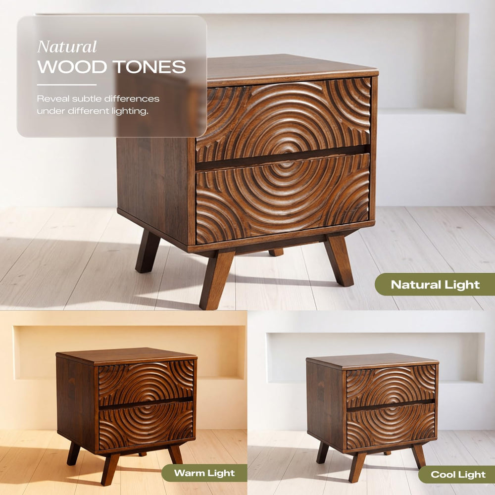 Acacia Harmony Solid Wood Nightstand with 2 Drawers, Bedside Table, Walnut
