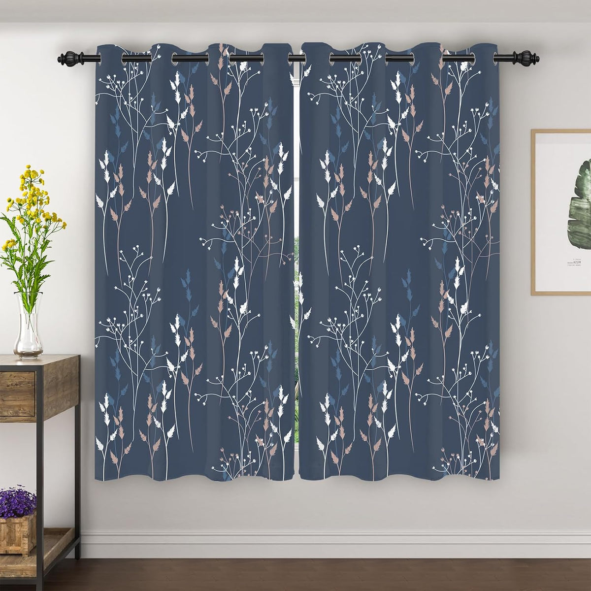 blue leaves blackout curtains 63 inch length, room, main product view