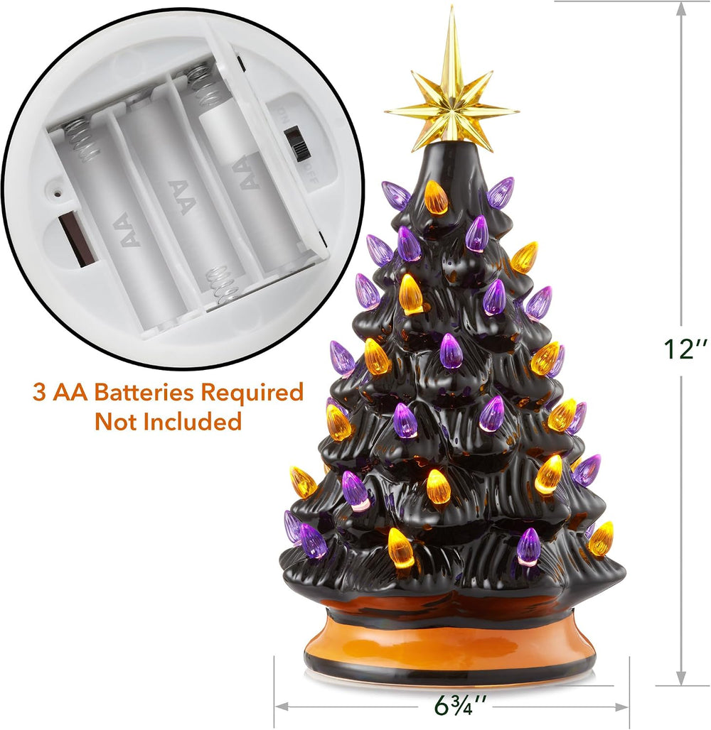 Casafield Hand-Painted Ceramic Halloween Tree, Black 12-Inch Pre-Lit Decorati...