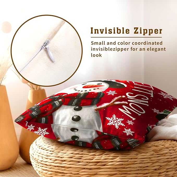 Xmas Pillow Covers 20x20 Inch 2 Packs Christma Snowman Snowflake Decorative Red - Image 4