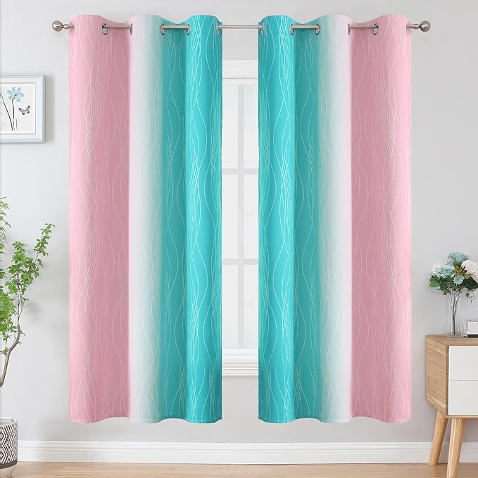Estelar Textiler Teal and Pink Ombre Blackout Curtains - Image 2