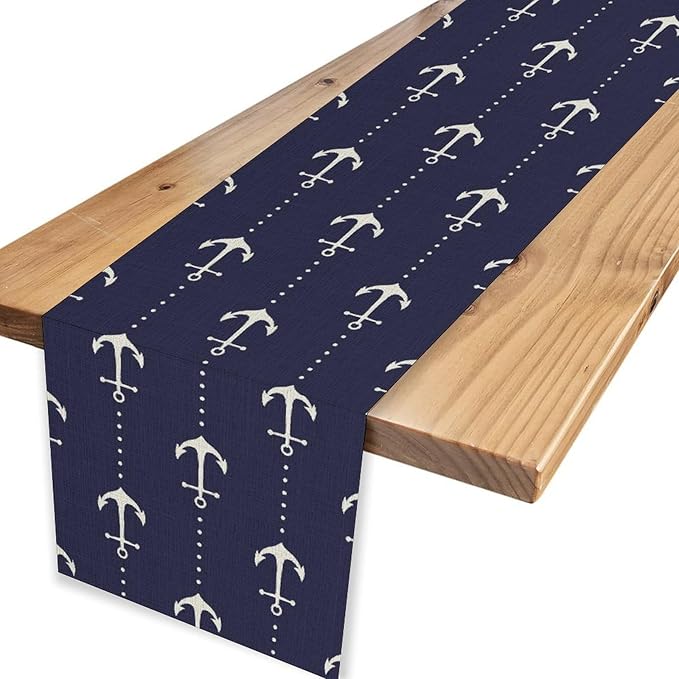 Anchor Table Runner, Nautical Navy Blue Retro Sailing Seasonal Anchor Print - Image 4