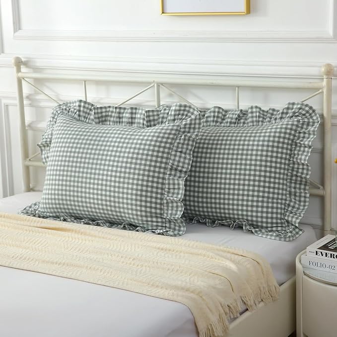 Vintage Dusty Green Plaid Ruffle Pillow Shams Standard Size Set of 2, Washed - Image 2