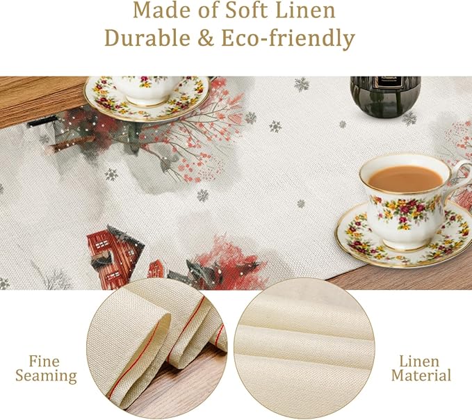 Snow Table Runner, Merry Christmas Linen Table Runner, Snowman Dining Table - Image 5