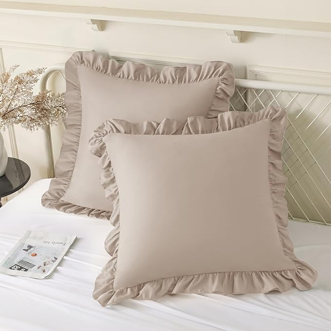 KKJIAF Ruffle Pillow Cases 18x18 Inches, Khaki Square Ruffled Pillow Covers Set by KKJIAF