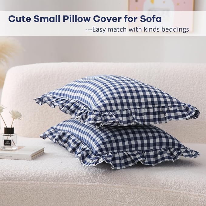 2 Pack Navy Blue Plaid Ruffle Gingham Lumbar Pillow Shams, 100% Washed Cotton - Image 3