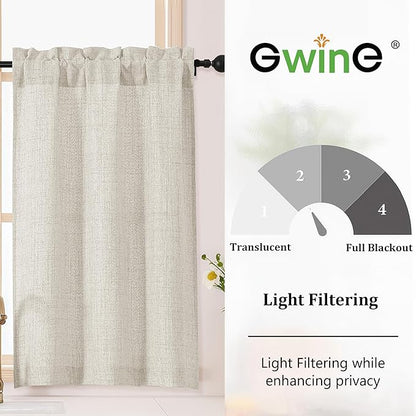Gwine Natural Kitchen Curtains 30 Inch Length, Light Filtering Faux Linen - Image 2