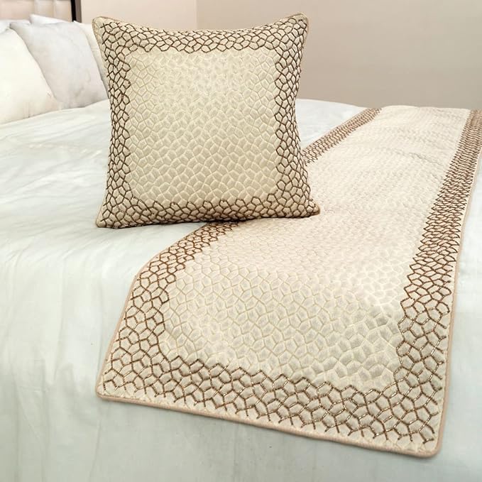 The HomeCentric King/Queen/Twin Ivory & Gold Designer Queen 74"x18" Bed Runner - Image 5