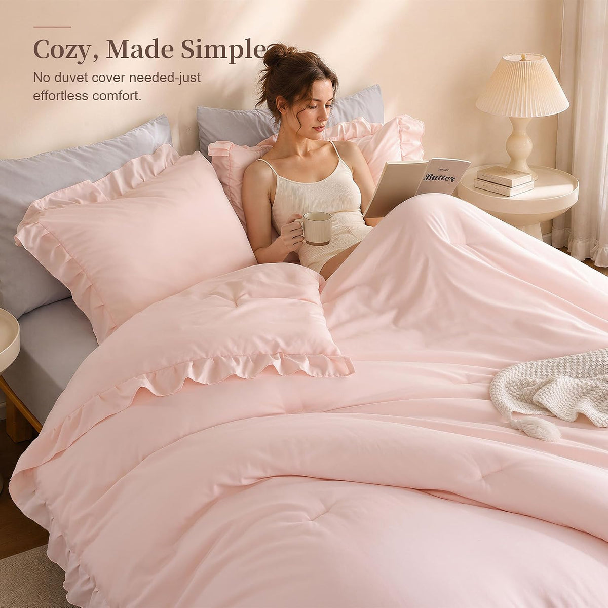 janzaa blush pink comforter set full, ruffle soft on a desk or shelf
