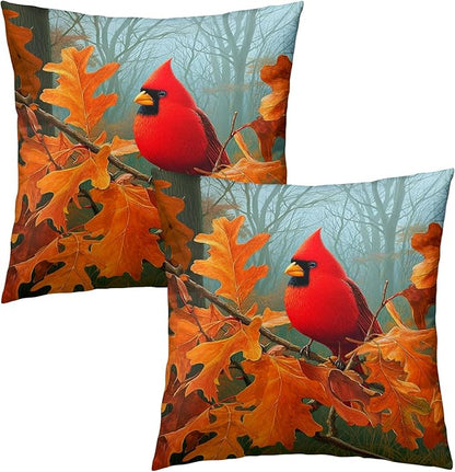 Fall Cardinal Throw Pillow Covers 22x22 Inch Set of 2 Red Bird Maple Leaves - Image 2
