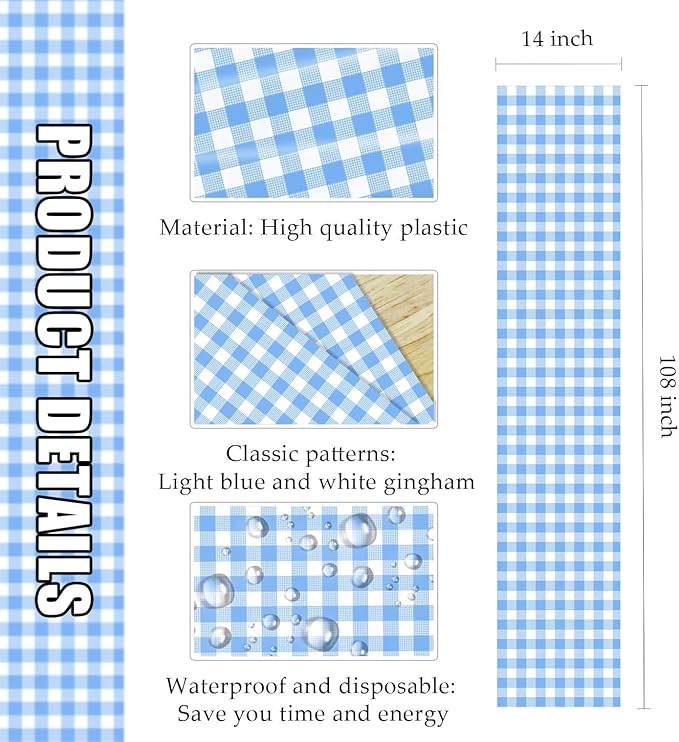 3 Pcs Light Blue and White Checkered Table Runner Plastic 14 x 108 Disposable - Image 3