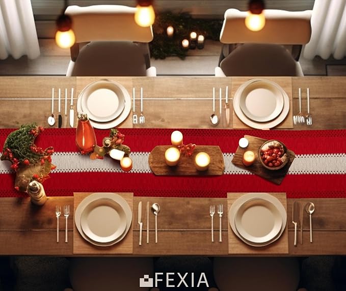 FEXIA Boho Red Table Runner for Holiday Decoration 72 Inches Long Red & Cream - Image 7