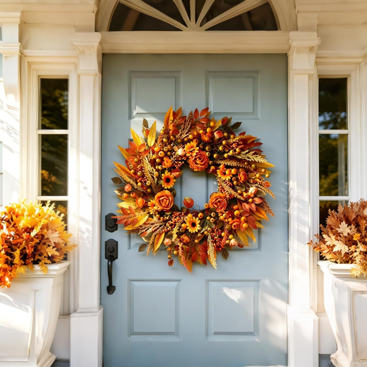 Fall Wreath for Front Door 26 Inch, Autumn Harvest Wreath Sunflowers Roses Acorns Berries, Thanksgiving Halloween Farmhouse Rustic Grapevine Twig Decor