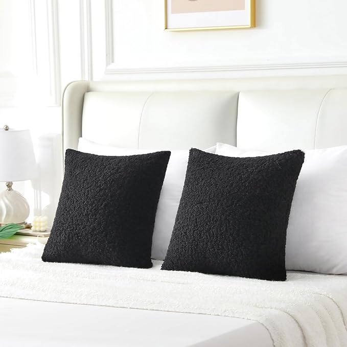 FUTEI Black Throw Pillow Covers 18x18 Inch Set of 2, Furry Faux Fur Teddy - Image 6