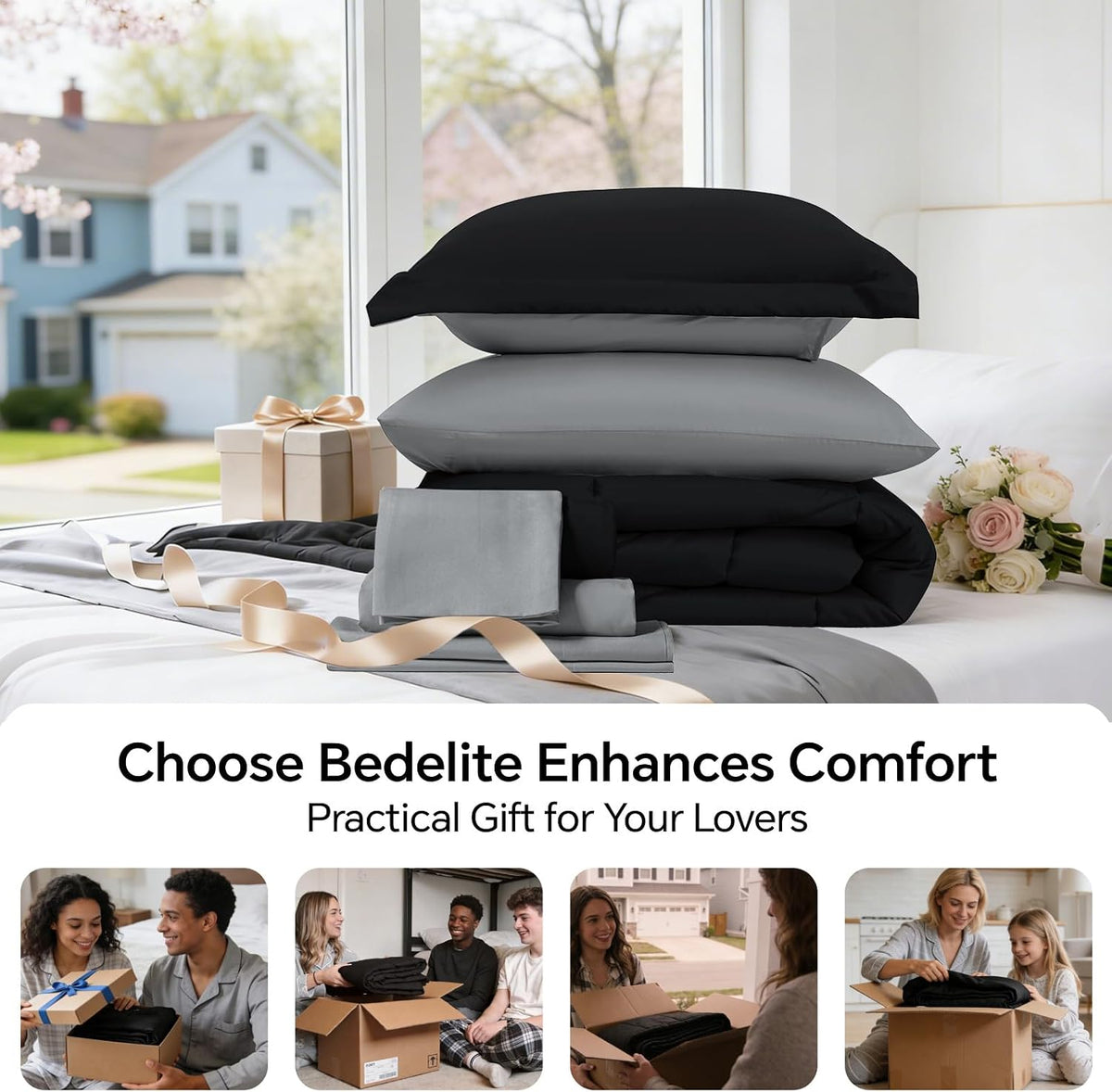 bedelite full comforter set 7 pieces, reversible black on a desk or shelf