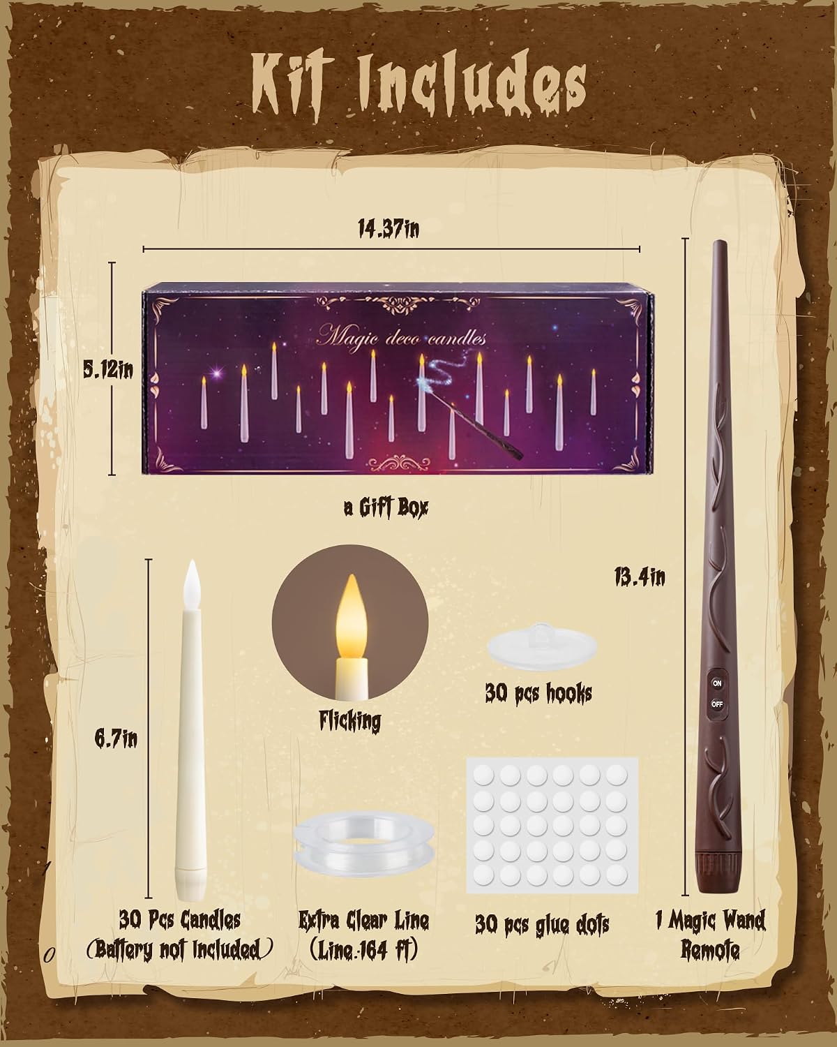 30PCS Floating Candles with Wand Remote, Flameless Hanging Taper Candles with Flickering Warm Light, Battery Operated Magic Candles for Halloween Indoor Ceiling Decor, Hallway, Bedroom, Party