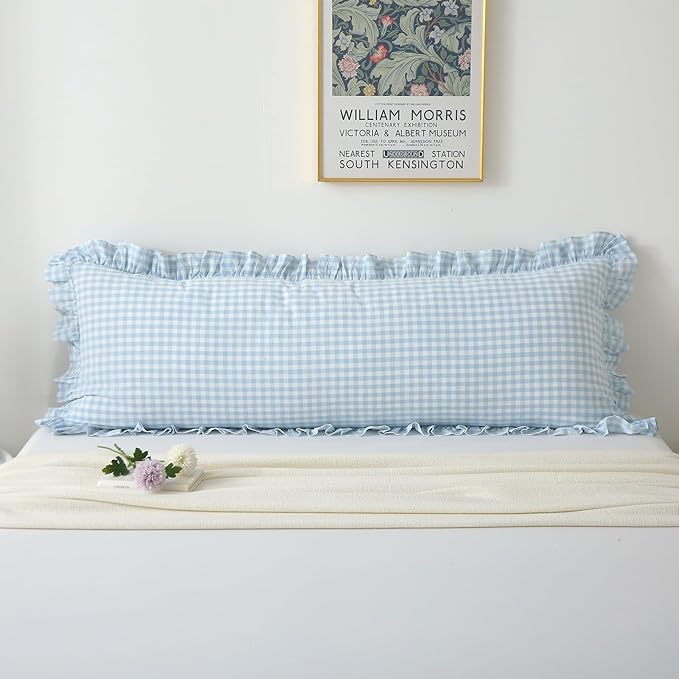 Light Blue White Plaid Ruffle Gingham Bedding Body Pillow Cover, 100% Cotton by KMASANIJI