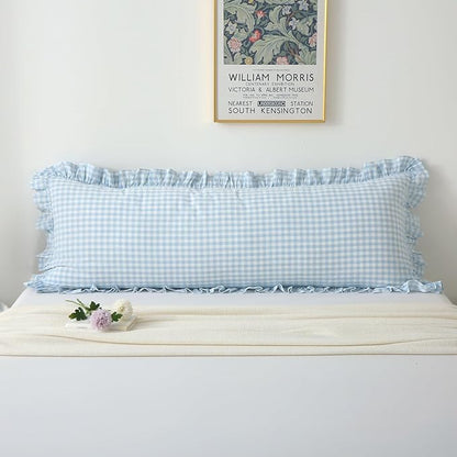 Light Blue White Plaid Ruffle Gingham Bedding Body Pillow Cover, 100% Cotton by KMASANIJI