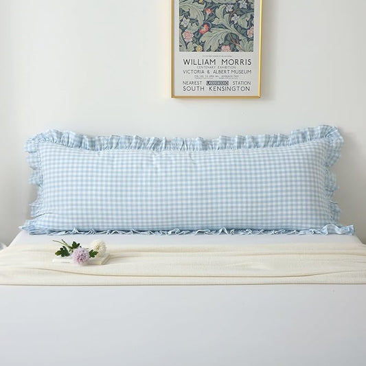 Light Blue White Plaid Ruffle Gingham Bedding Body Pillow Cover, 100% Cotton by KMASANIJI