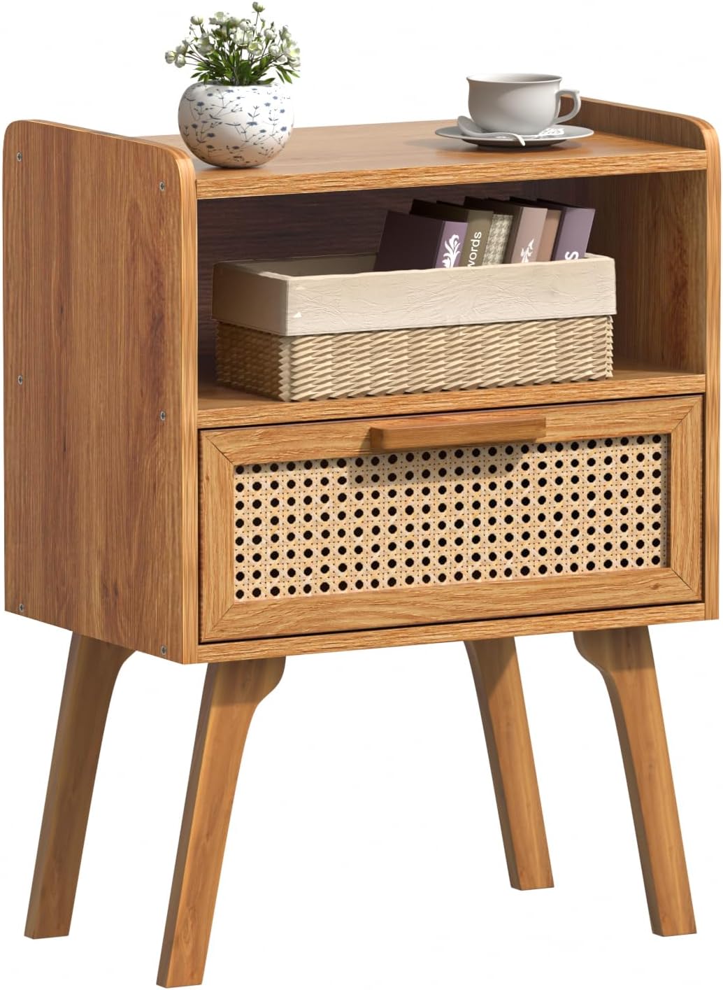 lerliuo rattan nightstand, side table with drawer open, main product view
