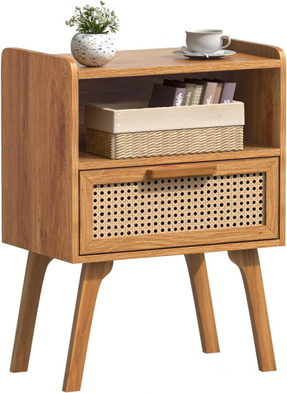 lerliuo rattan nightstand, side table with drawer open, main product view