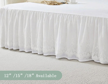 lace bed skirt queen size white bed skirt, close-up detail