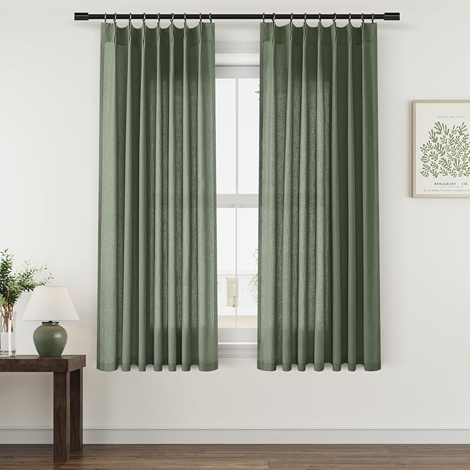 Pinch Pleated Olive Green Semi Sheer Curtains 63 Inch Length Linen Textured by Aersas
