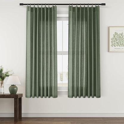 Pinch Pleated Olive Green Semi Sheer Curtains 63 Inch Length Linen Textured by Aersas