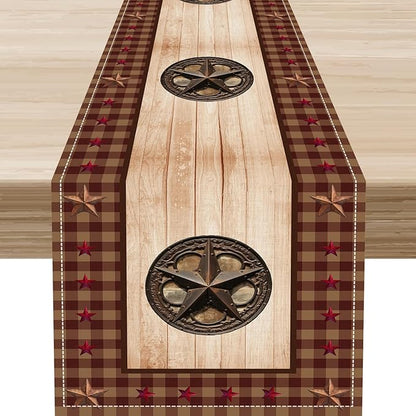 Western Table Runner, Rustic Texas Star Wooden Plank Buffalo Plaid Farmhouse by Unknown