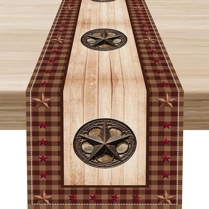 Western Table Runner, Rustic Texas Star Wooden Plank Buffalo Plaid Farmhouse by Unknown