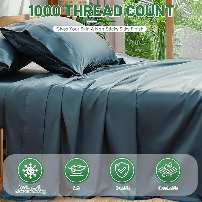 100% Egyptian Cotton Sheets King Size 1000 Thread Count Sateen Weave Soft - Image 2