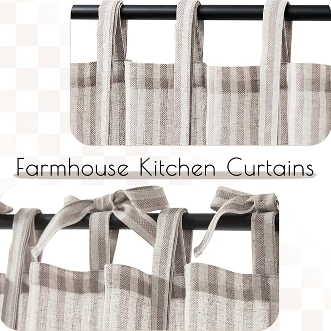 jinchan Tie Top Linen Kitchen Curtains 24 Inches Striped Tier Curtains - Image 8