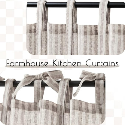 jinchan Tie Top Linen Kitchen Curtains 24 Inches Striped Tier Curtains - Image 8