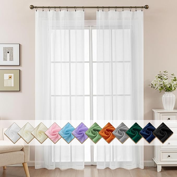 White Sheer Curtains 84 Inches Long, Privacy Semi Sheer Curtains by ABLUEN