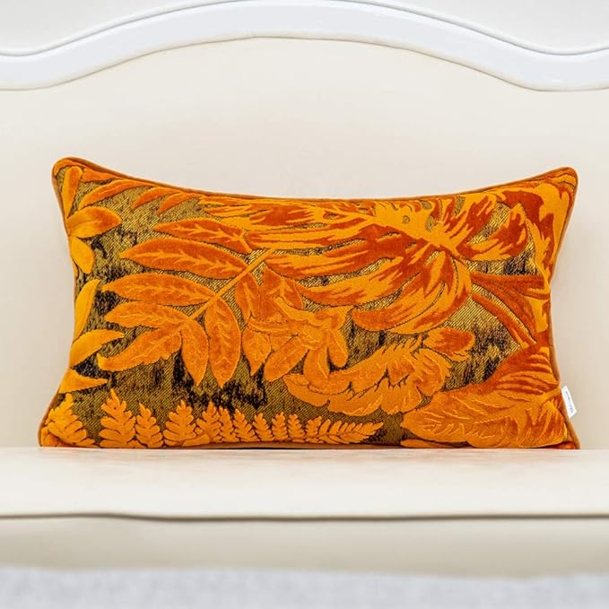 Alerfa 12 x 20 Inch Orange Rectangle Maple Leaf Pillow Embroidery Cut Velvet by Alerfa