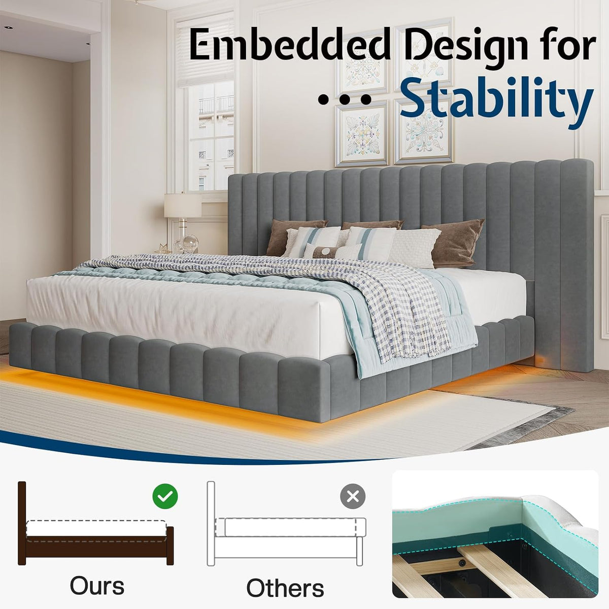 jocisland queen bed frame with 85" wide velvet on a desk or shelf