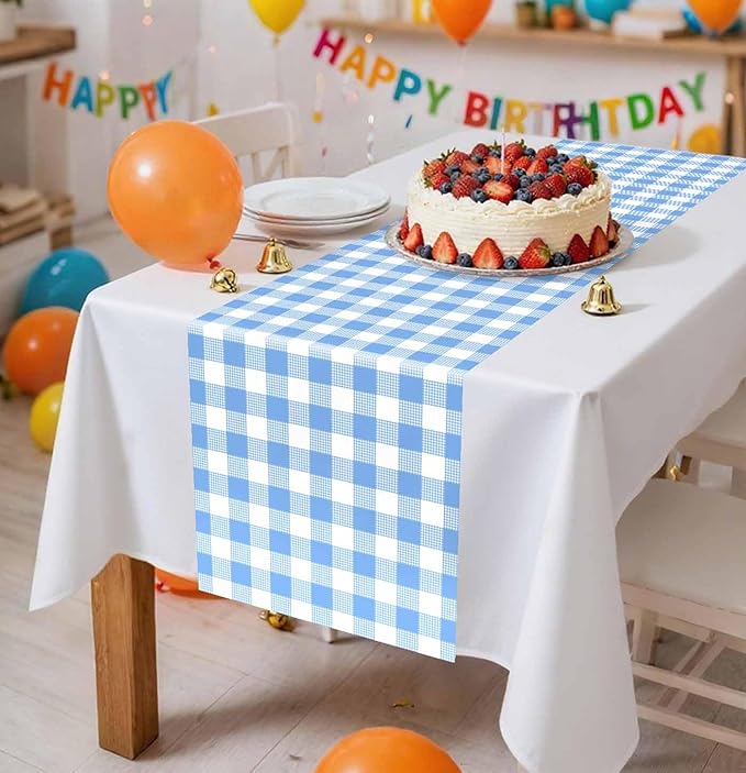 12 Pcs Light Blue and White Checkered Table Runner Plastic 14 x 108 Disposable - Image 2