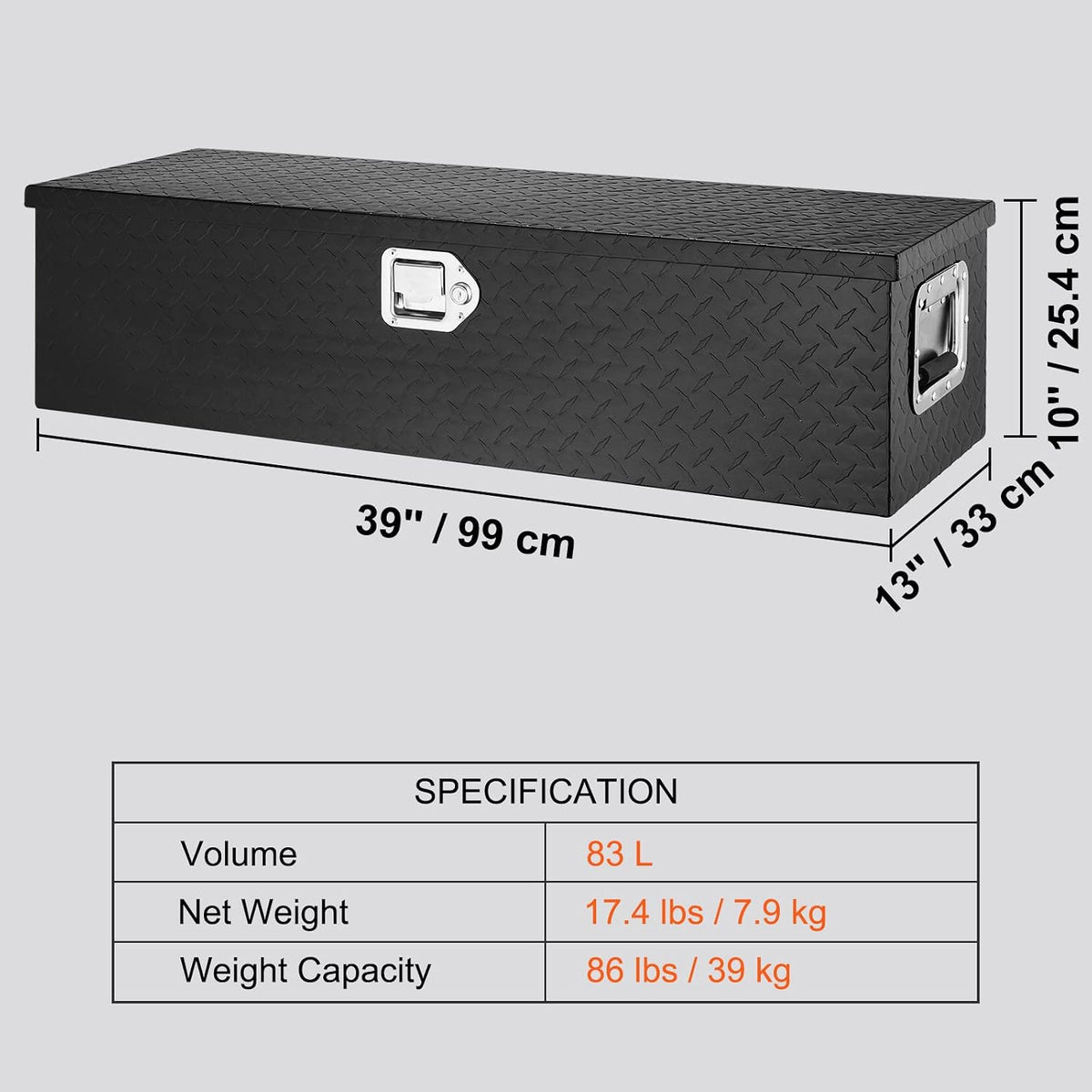 vevor heavy duty aluminum truck bed tool box on a desk or shelf