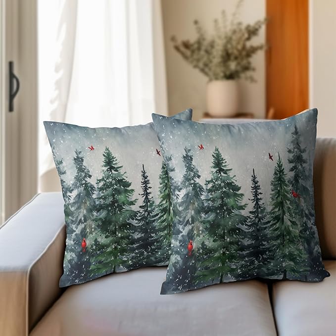Green Tree Throw Pillow Covers Winter Snowy Forest Pillowcase 16x16 inch 2 PCS - Image 6