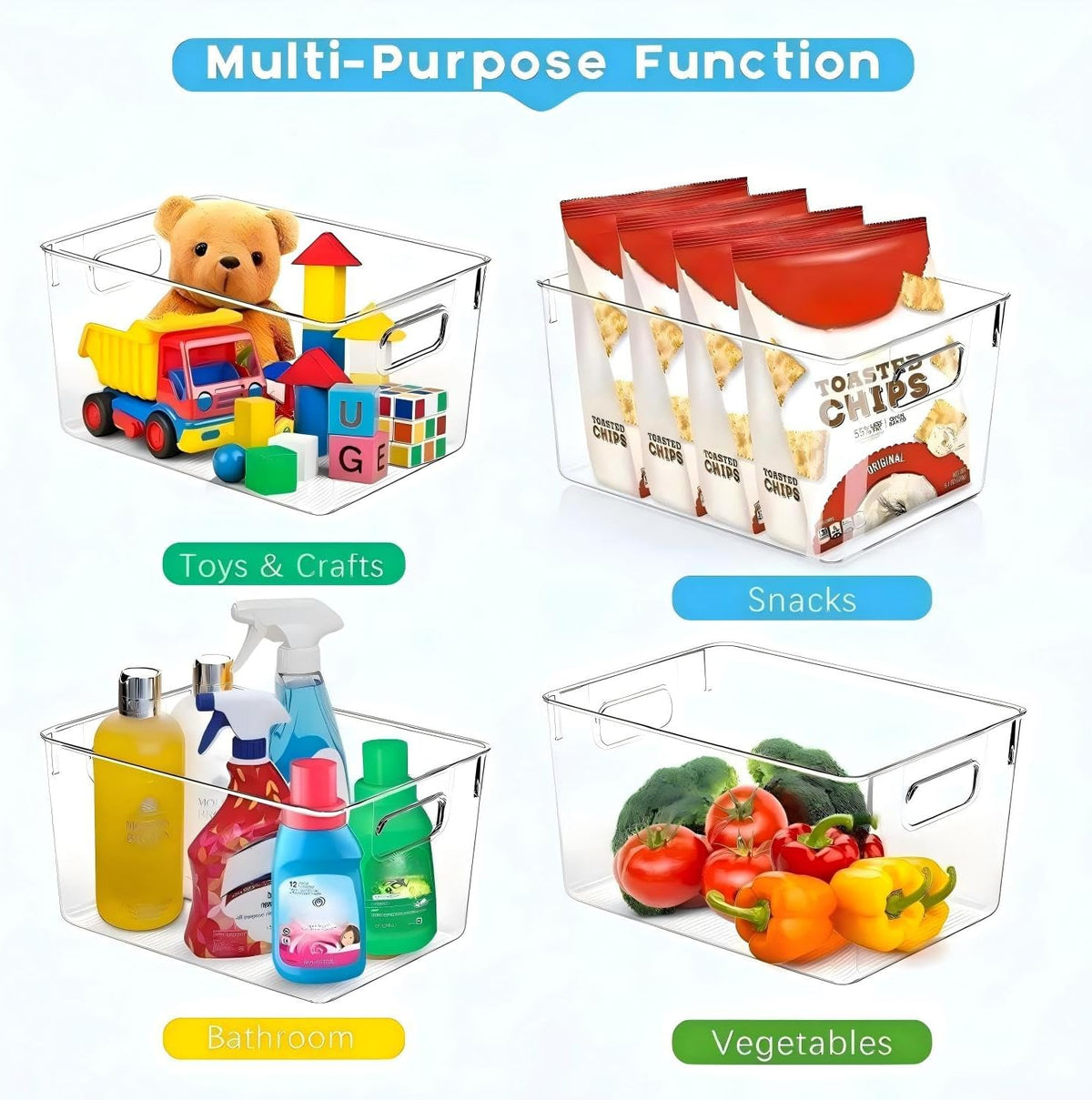 skteet set of 8 clear plastic storage bins, close-up detail