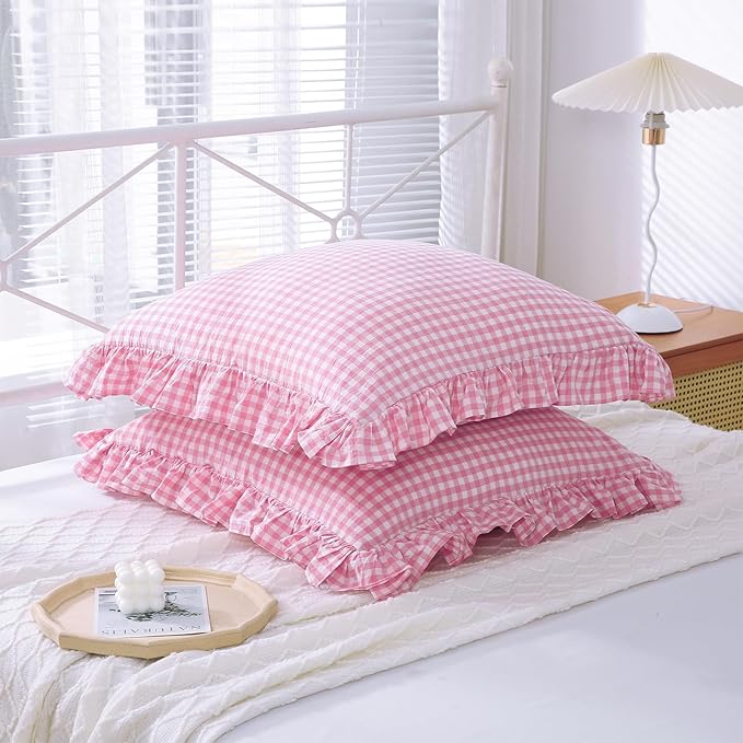 2 Pack Pink White Plaid Gingham Ruffle Euro Pillow Sham Covers, 100% Yarn-Dyed - Image 3