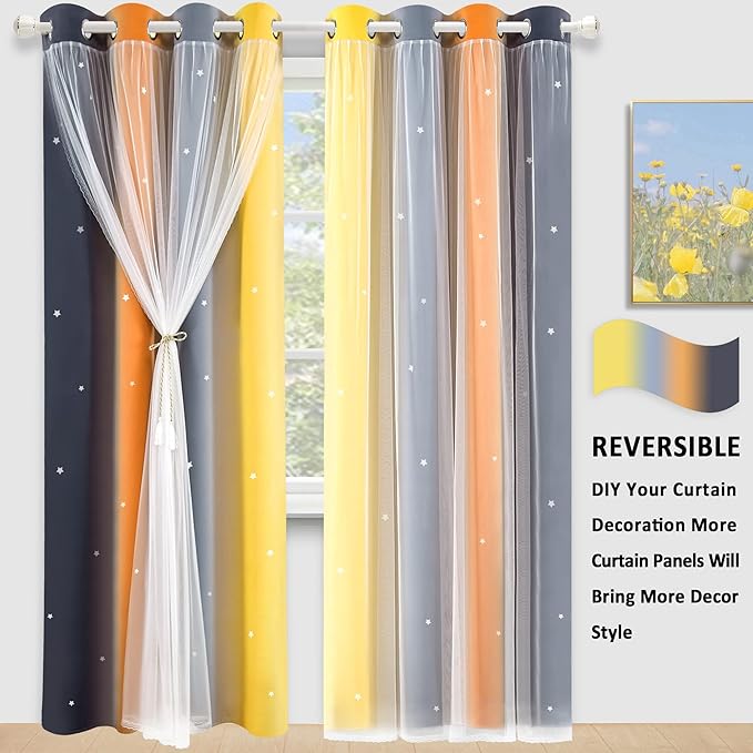Kinryb Nursery/Kids/Girls Room Star Cut Out Blackout Rainbow Curtain - Image 5