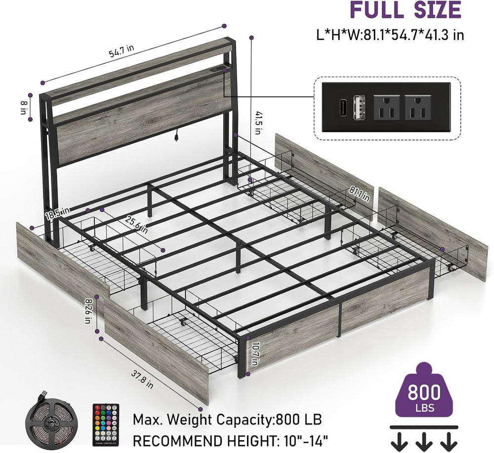 Full Size Bed Frame with LED Light Headboard and 4 Storage Drawers