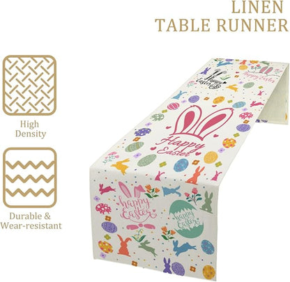 Happy Easter Table Runner, Easter Rabbits Linen Farmhouse Table Runners - Image 3