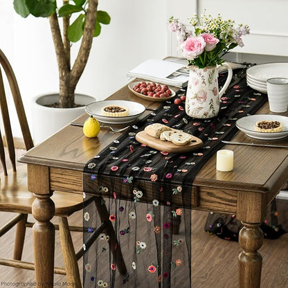 Artoid Mode Black Embroidery Daisy Gauze Table Runner 120 Inch 10FT, Seasonal - Image 6