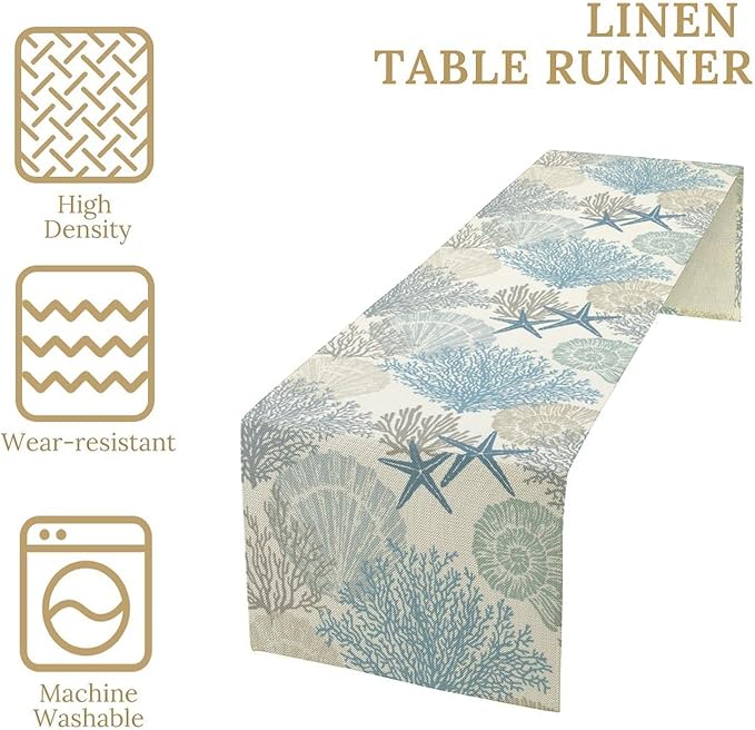 Blue Teal Coral Table Runners, Summer Beach Starfish Coastal Coffee Table - Image 6