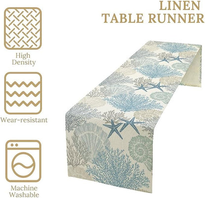 Blue Teal Coral Table Runners, Summer Beach Starfish Coastal Coffee Table - Image 6