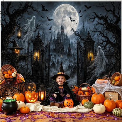 Halloween Graveyard Castle Backdrop 10x8ft, Spooky Ghost Pumpkin Gothic Haunted House Photography Background, Full Moon Night Bat Scarecrow Banner, Horror Halloween Party Decor Photo Booth Props